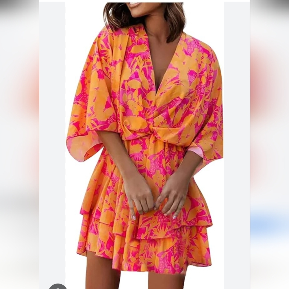 Bright Pink & Orange Floral Wrap Mini Dress